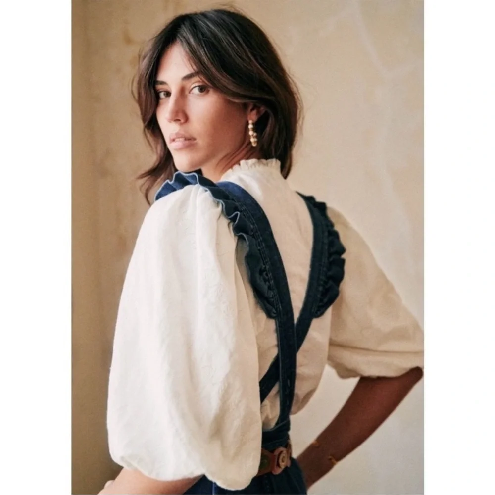 Sezane Rosario Denim Jean Overalls Ruffle Jumpsuit 38 - Picture 3 of 13